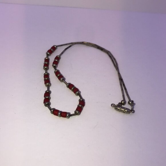 15 1/4" Frosted Orange Red and Silver Beaded Necklace - Picture 7 of 9